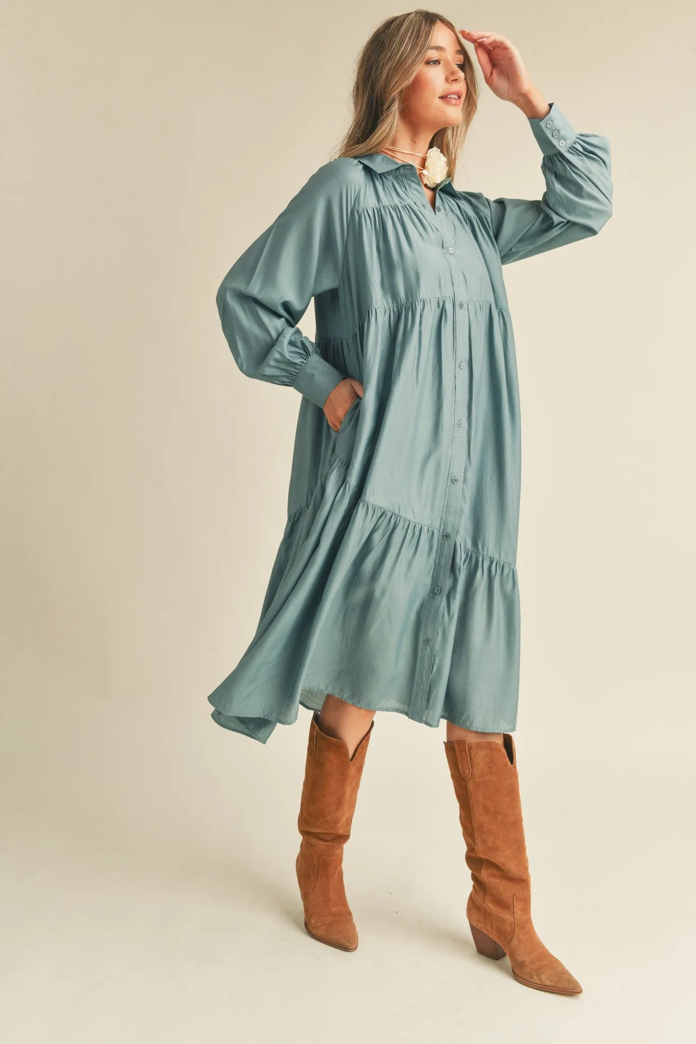 Dusty Blue Button Down Collared Tiered Midi Dress with Pockets