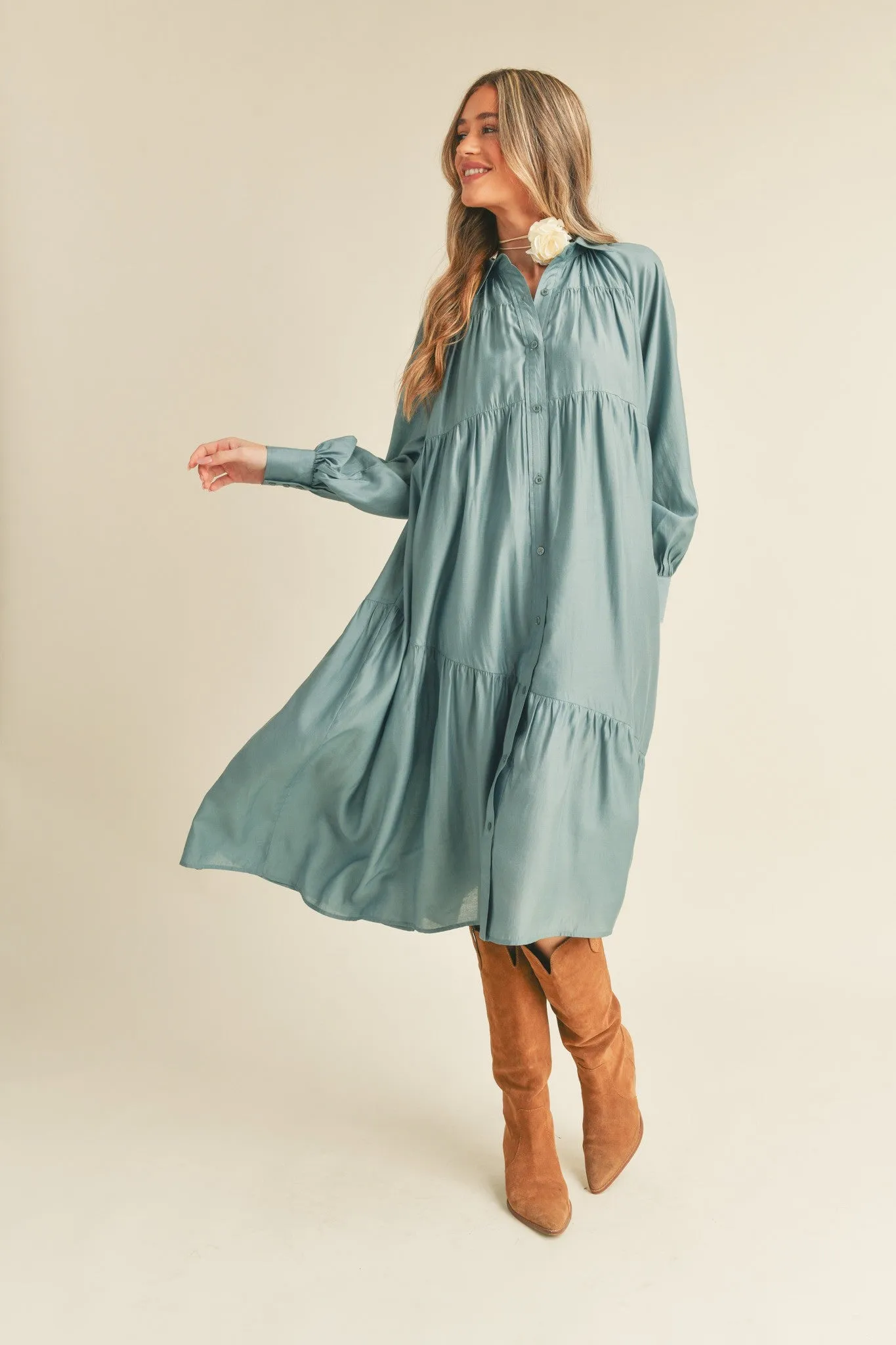 Dusty Blue Button Down Collared Tiered Midi Dress with Pockets