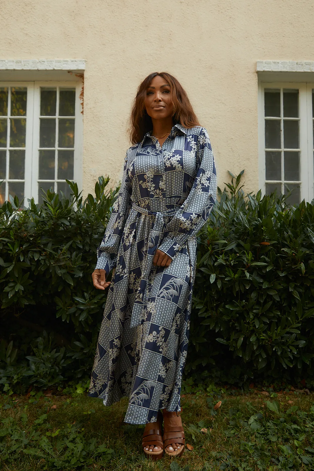 Emily Navy Blue & Taupe Button Up Dress