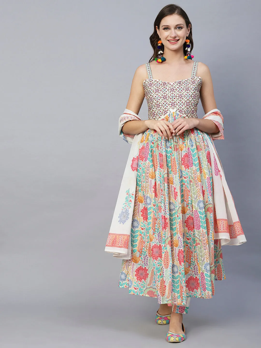 Ethnic & Floral Printed & Embroidered Pleated A-Line Kurta with Pant & Dupatta - Multi