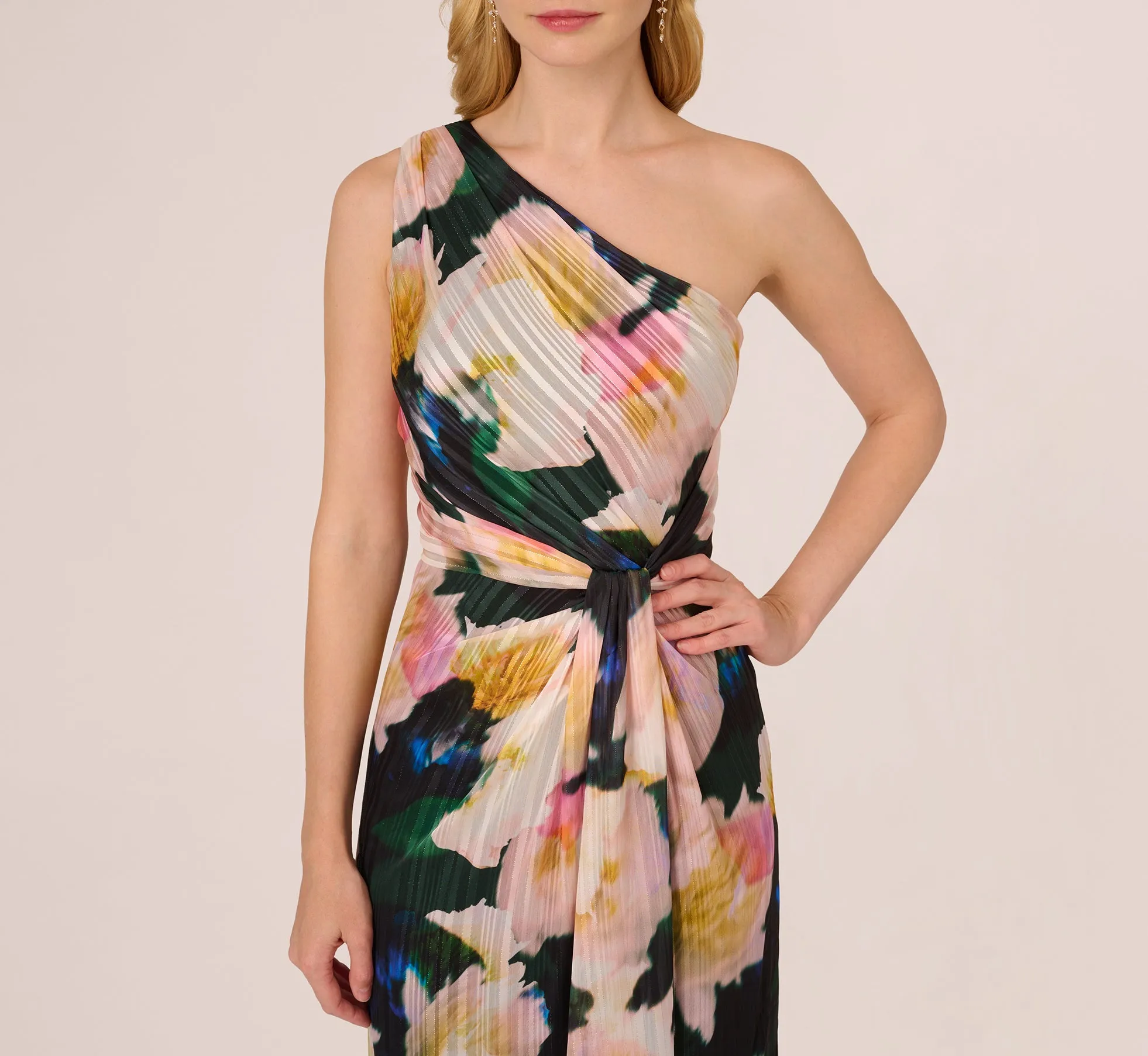 Floral Print Chiffon Gown With One Shoulder Neckline In Black Blush Multi