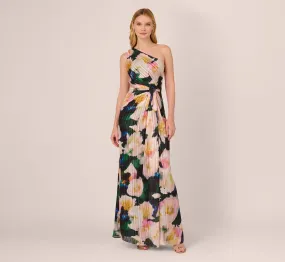 Floral Print Chiffon Gown With One Shoulder Neckline In Black Blush Multi