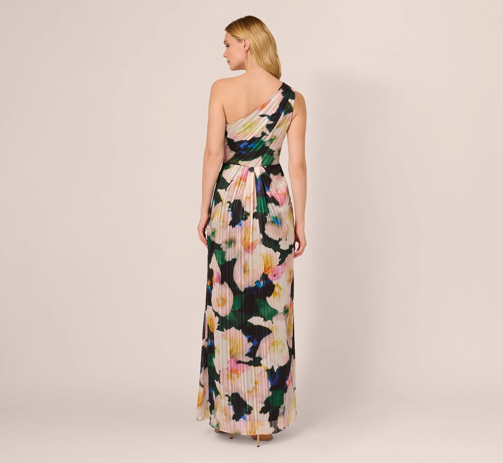 Floral Print Chiffon Gown With One Shoulder Neckline In Black Blush Multi