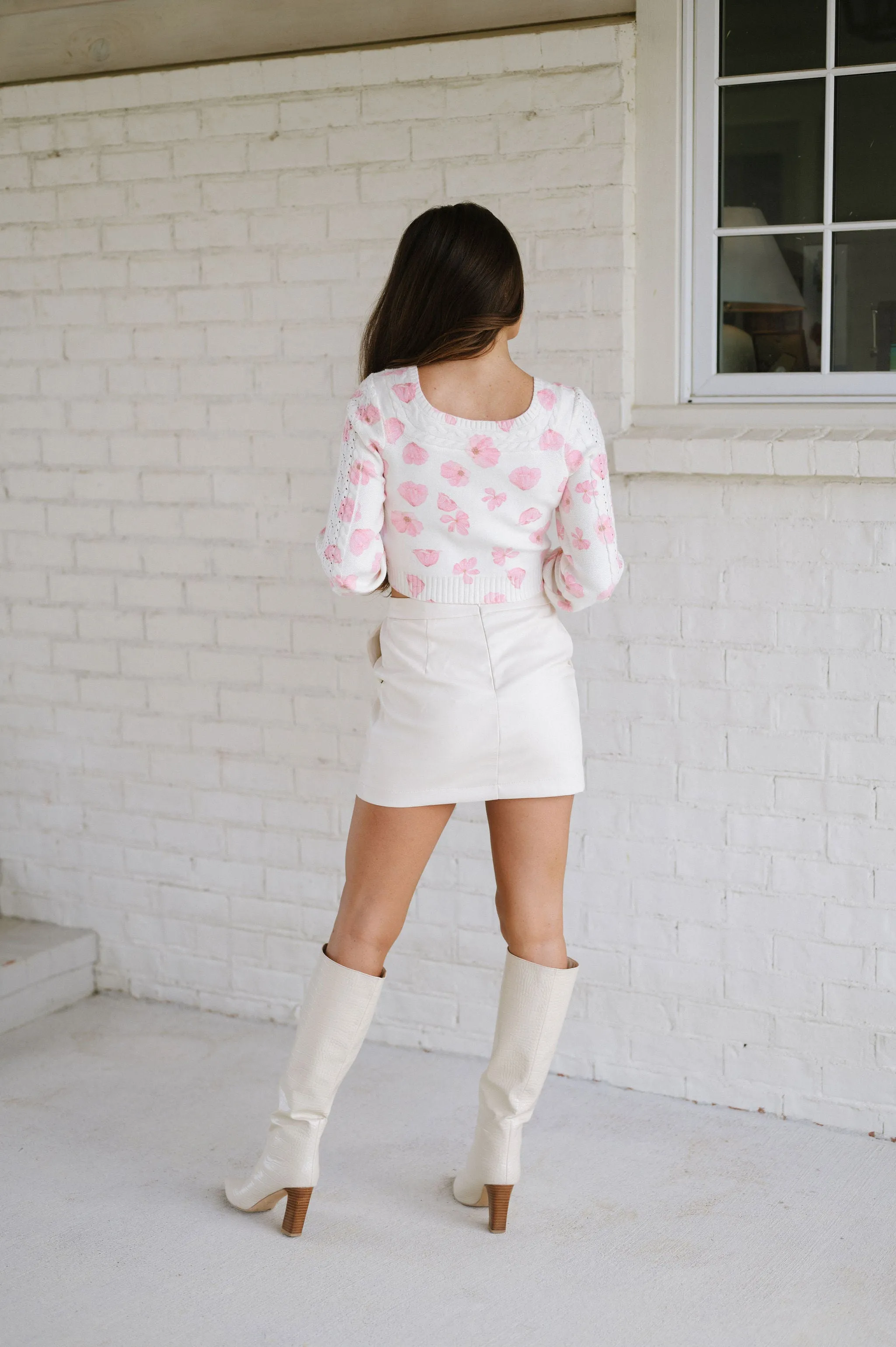 Flower Cropped Cardigan- Ivory/Pink