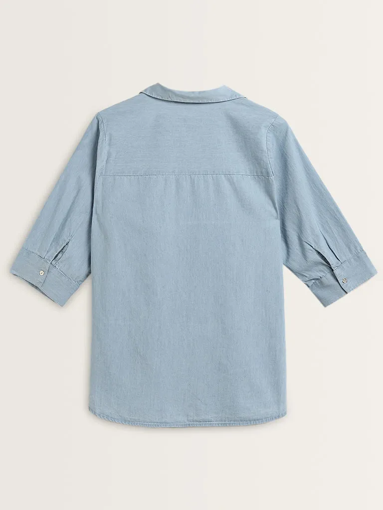 Gia Light Blue Diamante Cotton Shirt