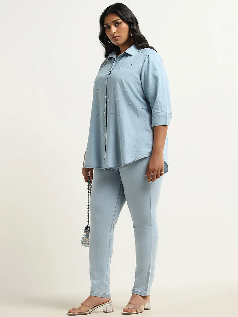 Gia Light Blue Diamante Cotton Shirt