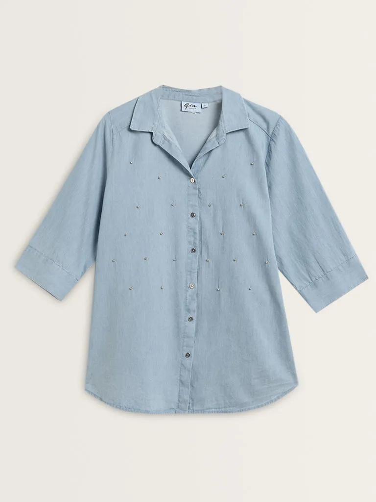 Gia Light Blue Diamante Cotton Shirt