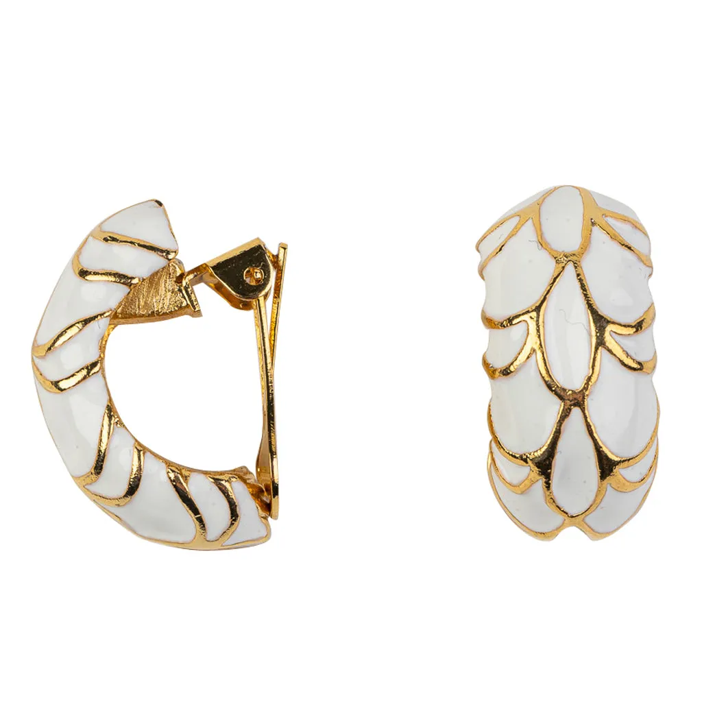 Gold with White Enamel Small Hoop Clip Earring