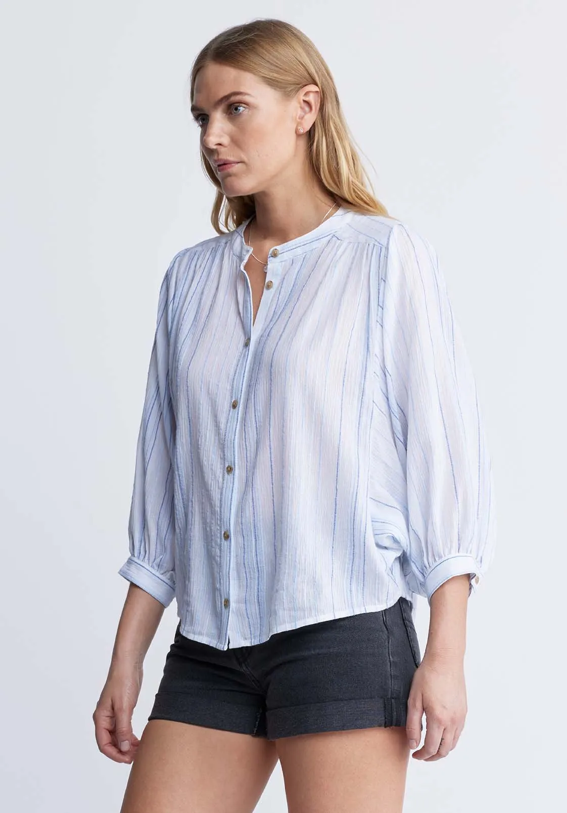 Ishara Women’s Balloon Sleeve Striped Blouse in White & Light Blue - WT0097P