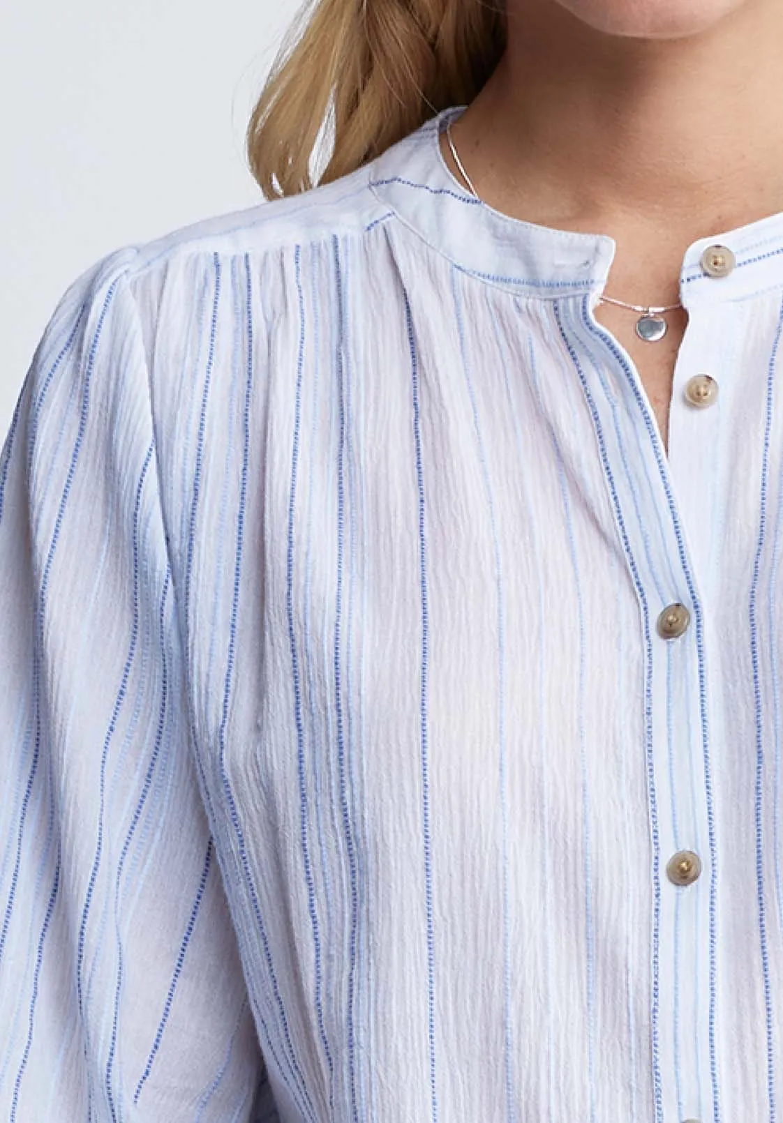 Ishara Women’s Balloon Sleeve Striped Blouse in White & Light Blue - WT0097P