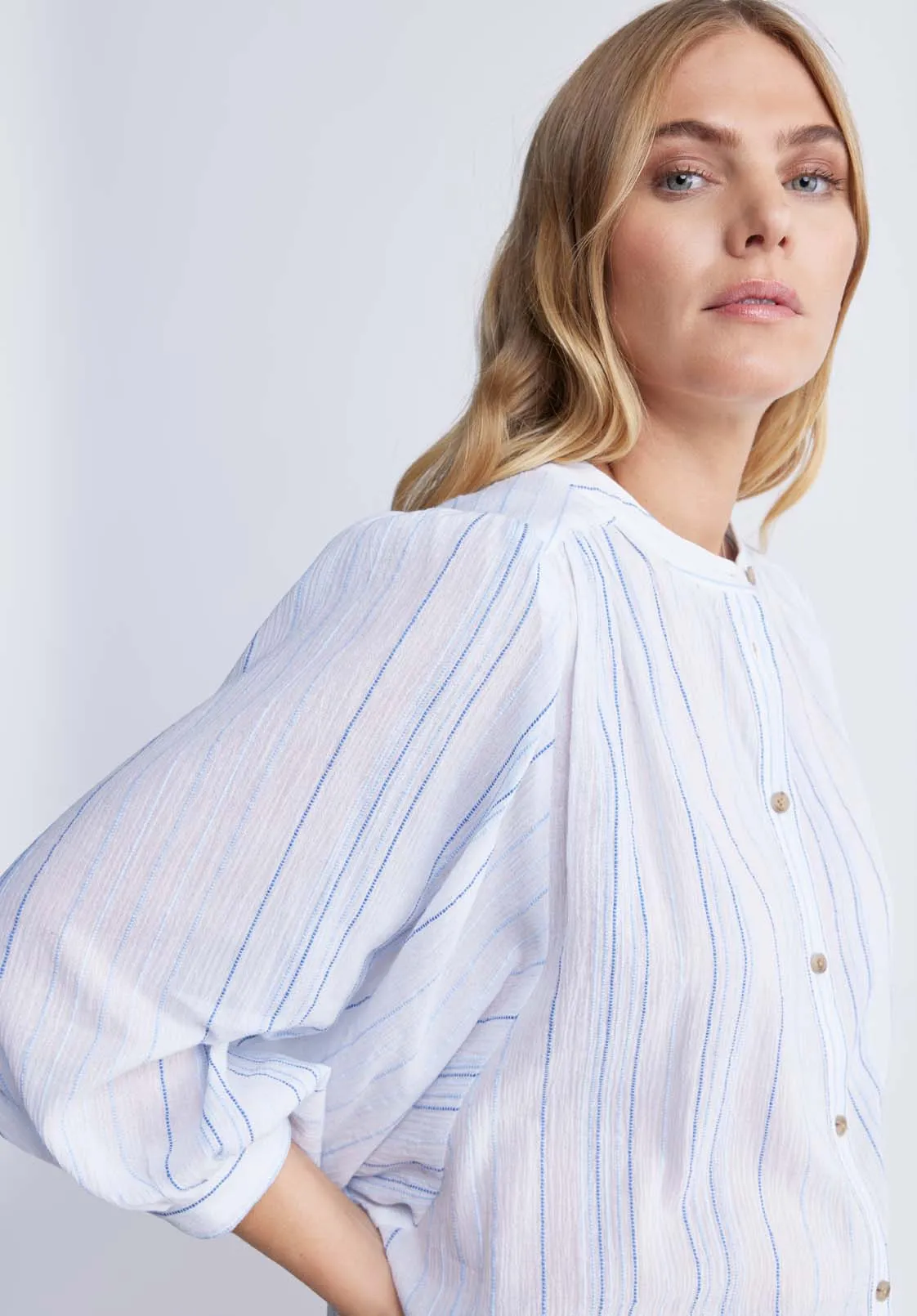 Ishara Women’s Balloon Sleeve Striped Blouse in White & Light Blue - WT0097P