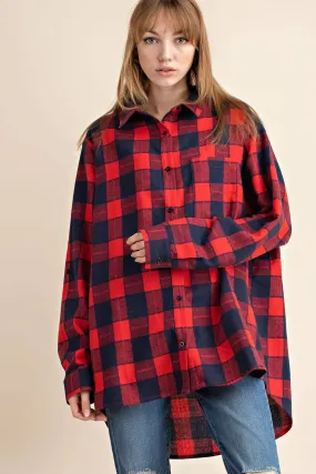 J12156B Plaid Button Down Front Pocketed Shirt Top