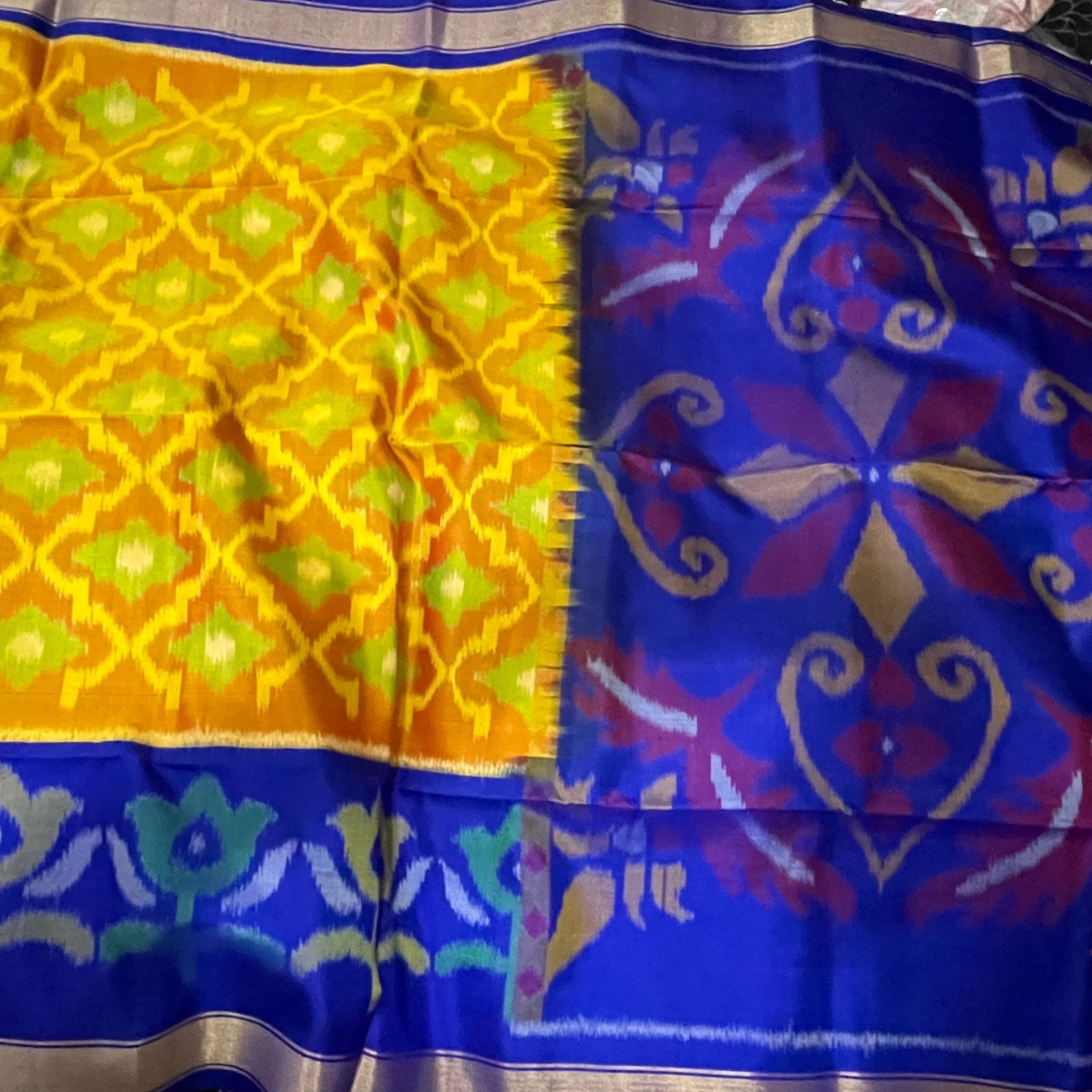 Kanchipuram Handloom Pure Silk Ikkat Pochampalli Saree with Stitched Blouse