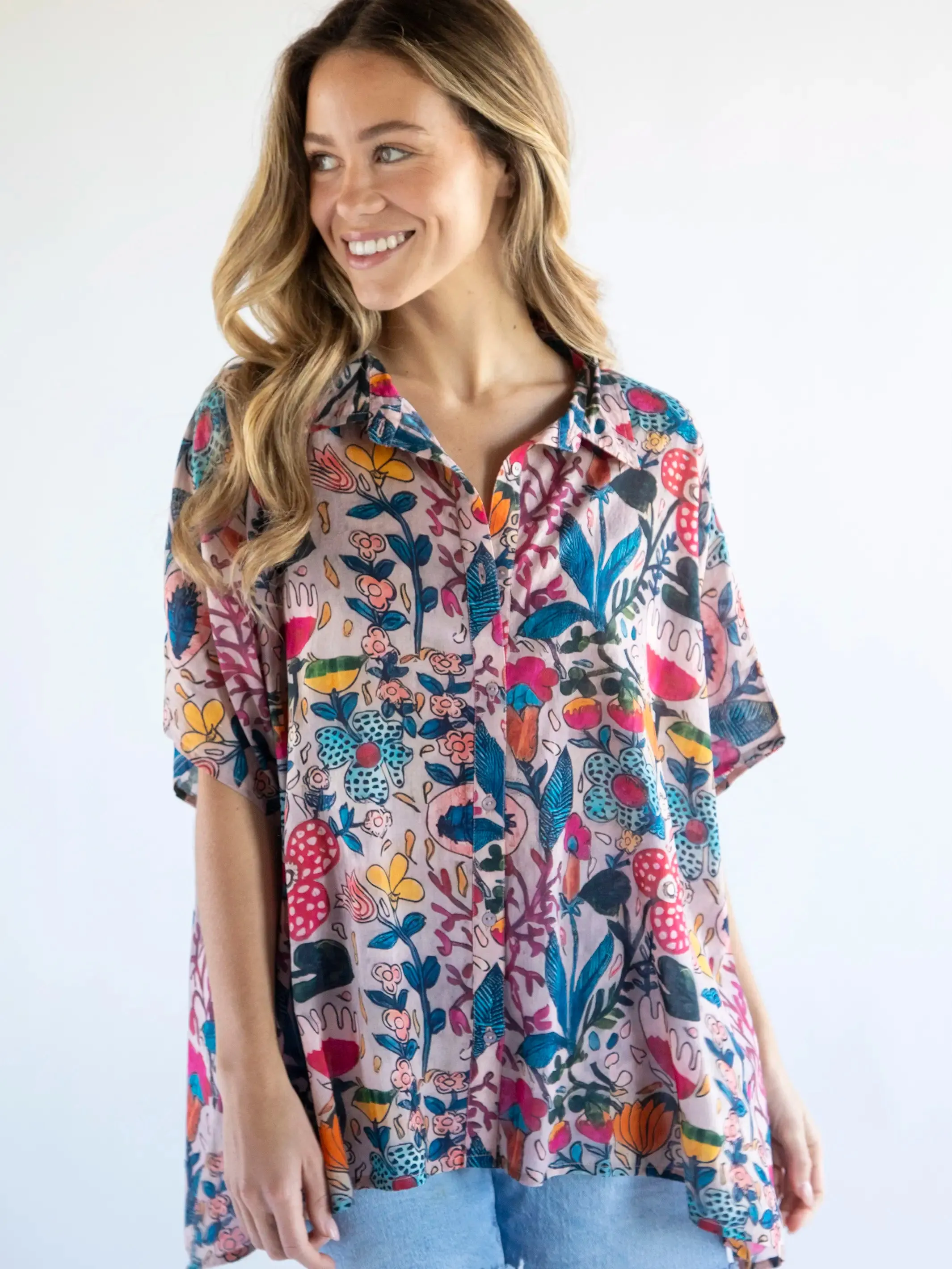 Kelly Oversized Cotton Button Down - Light Pink Multi Floral