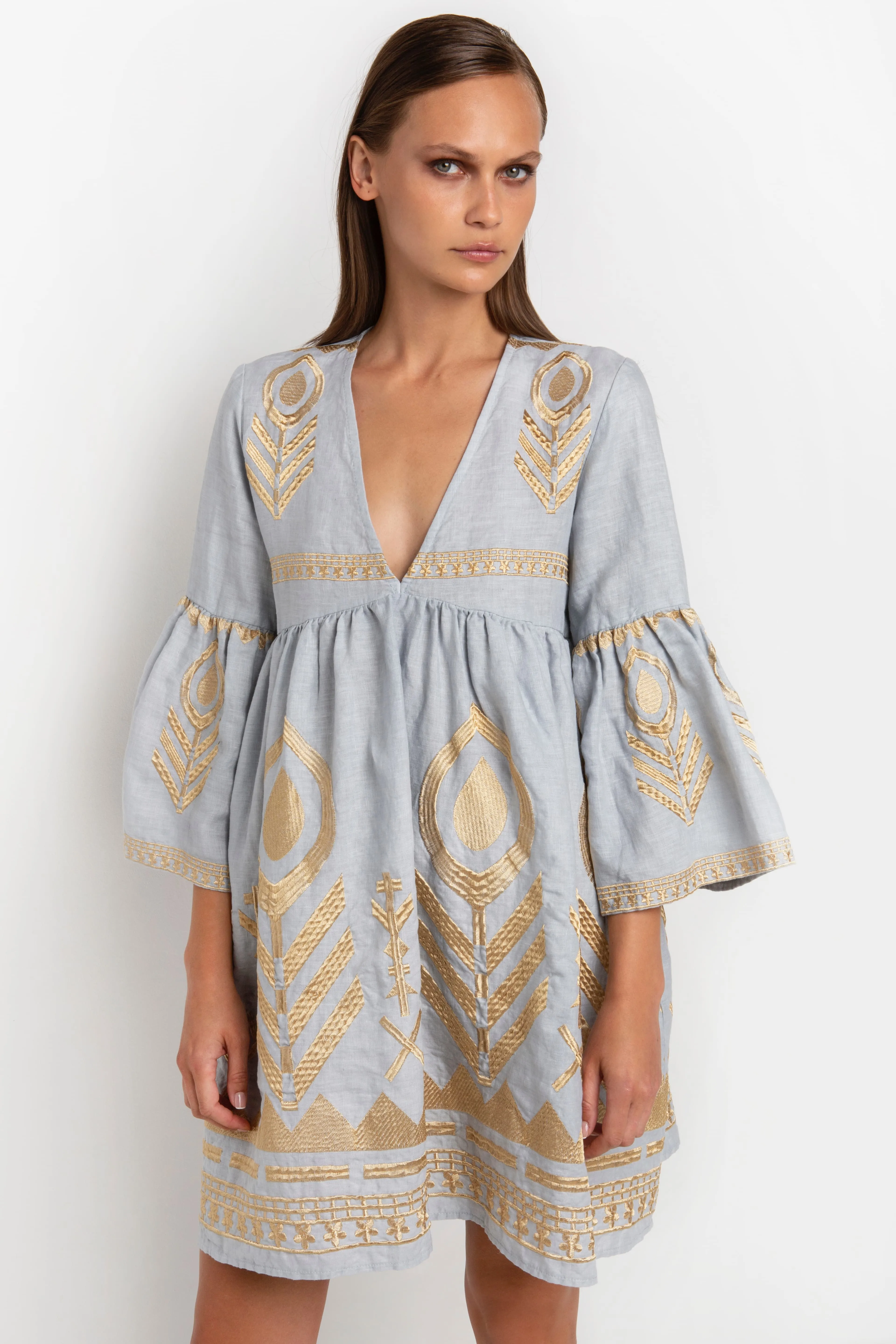 Kori Grey & Gold Feather Embroidered Dress