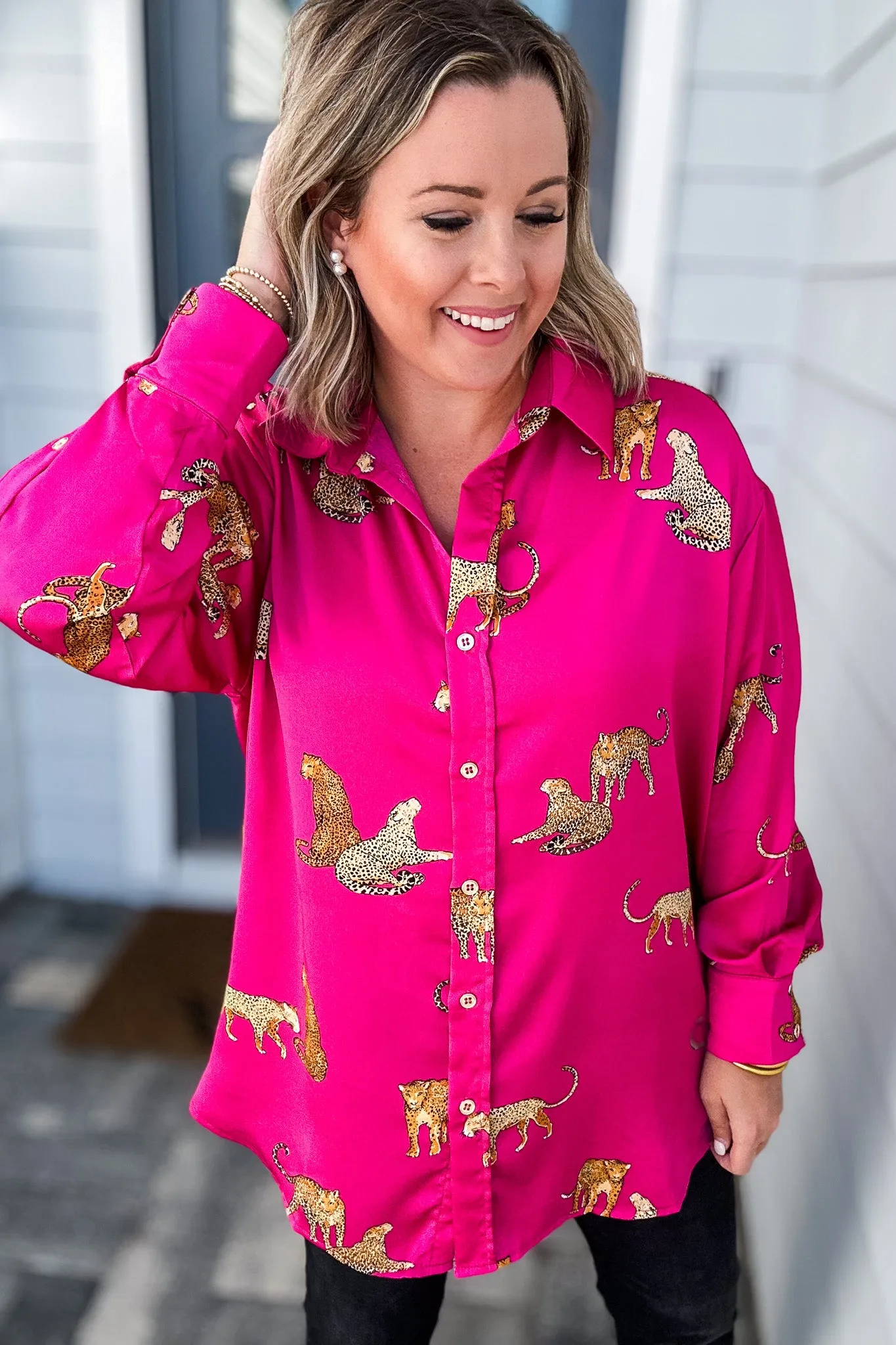 Leopard Is King Button Down Blouse  - Pink