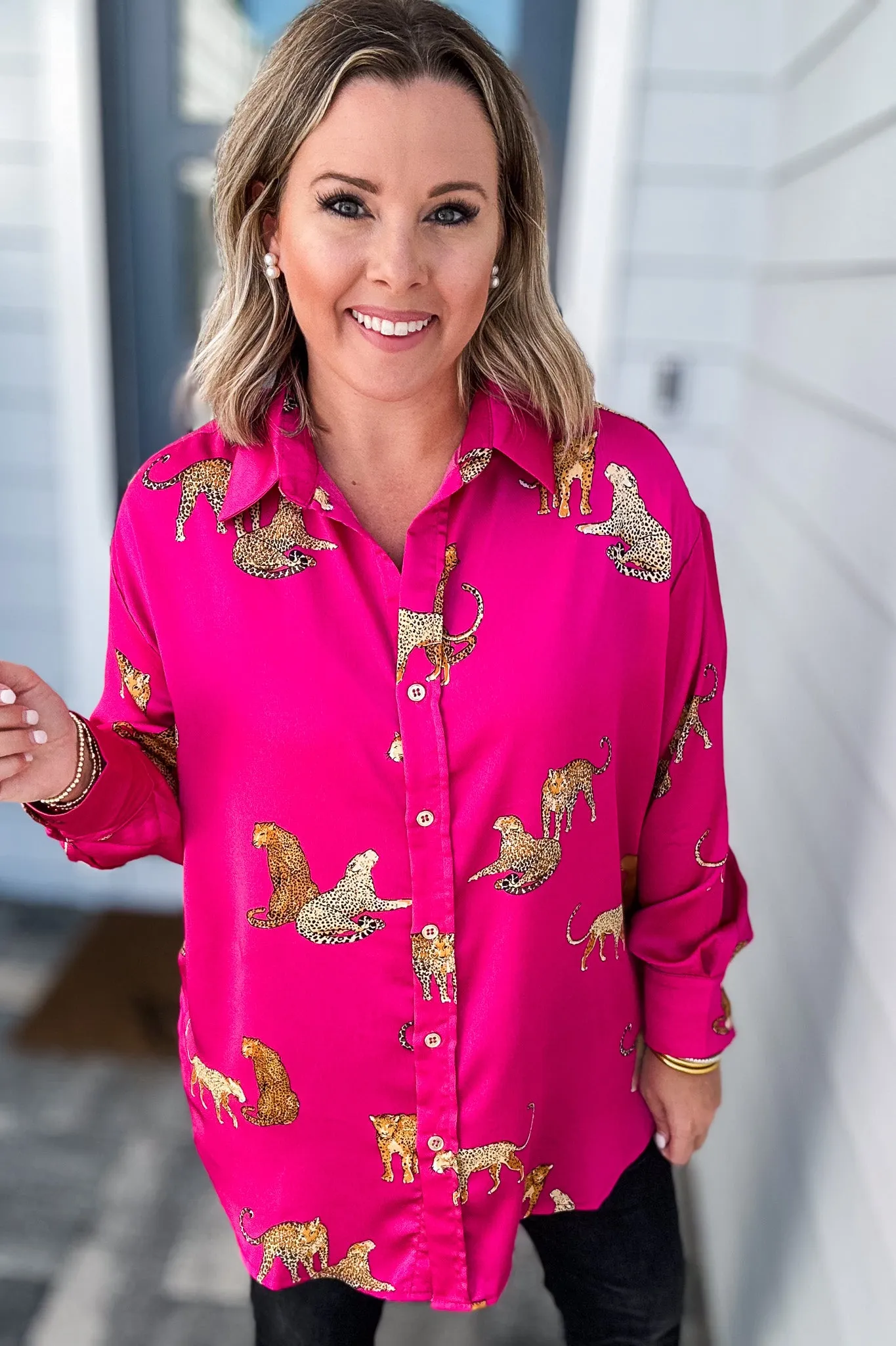 Leopard Is King Button Down Blouse  - Pink