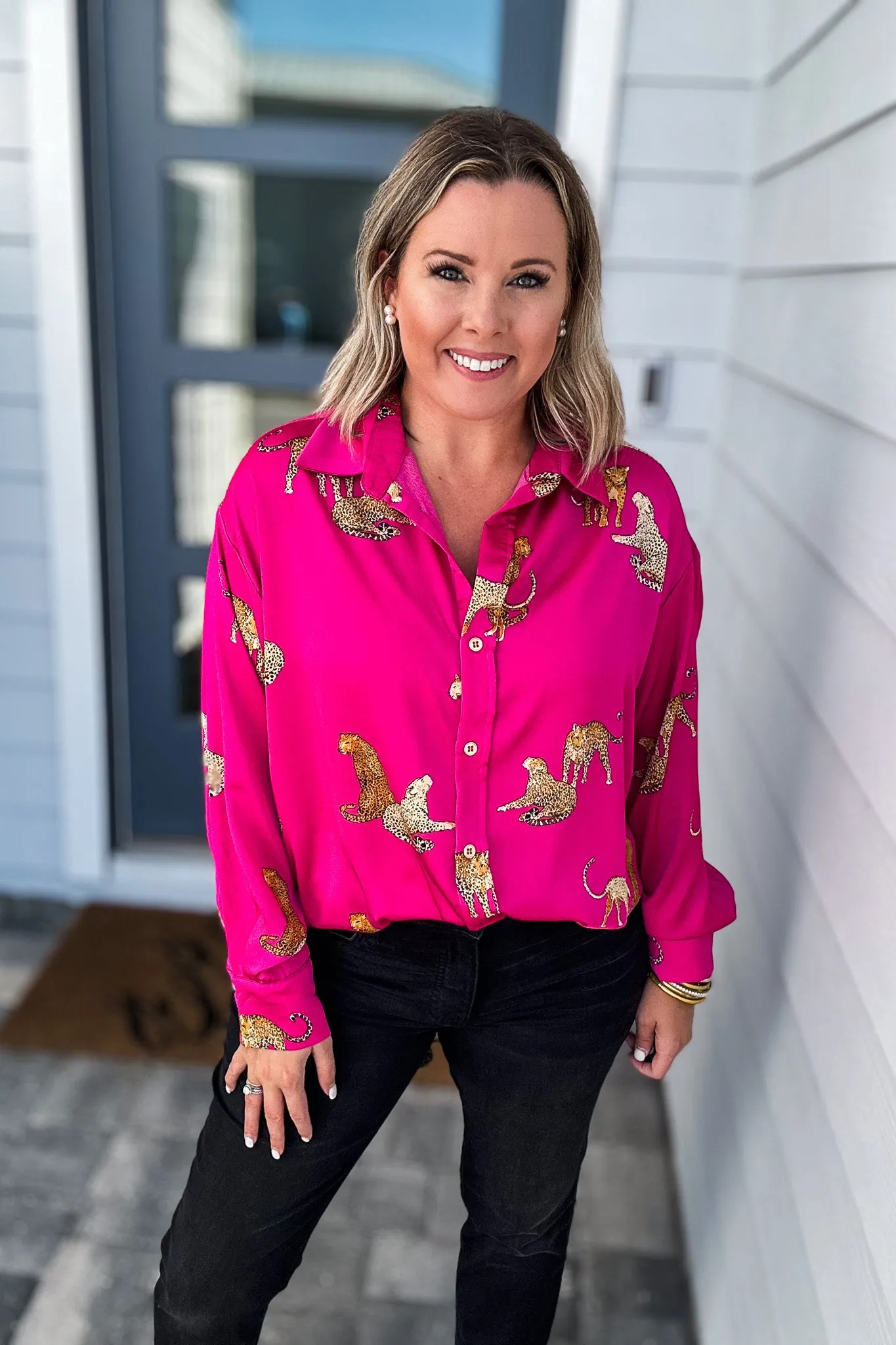 Leopard Is King Button Down Blouse  - Pink