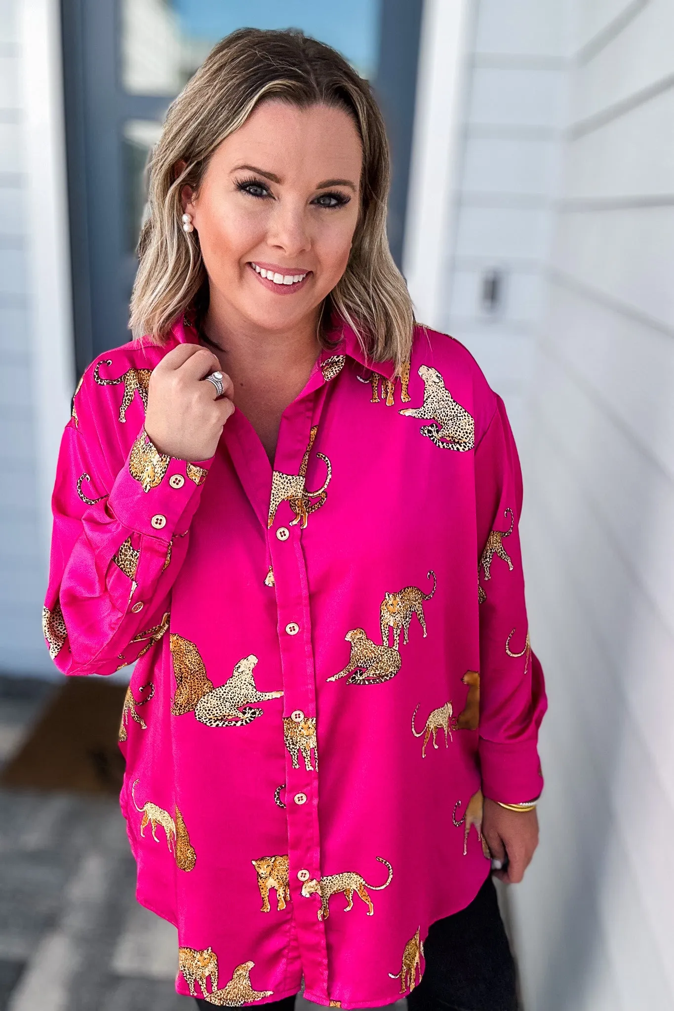 Leopard Is King Button Down Blouse  - Pink