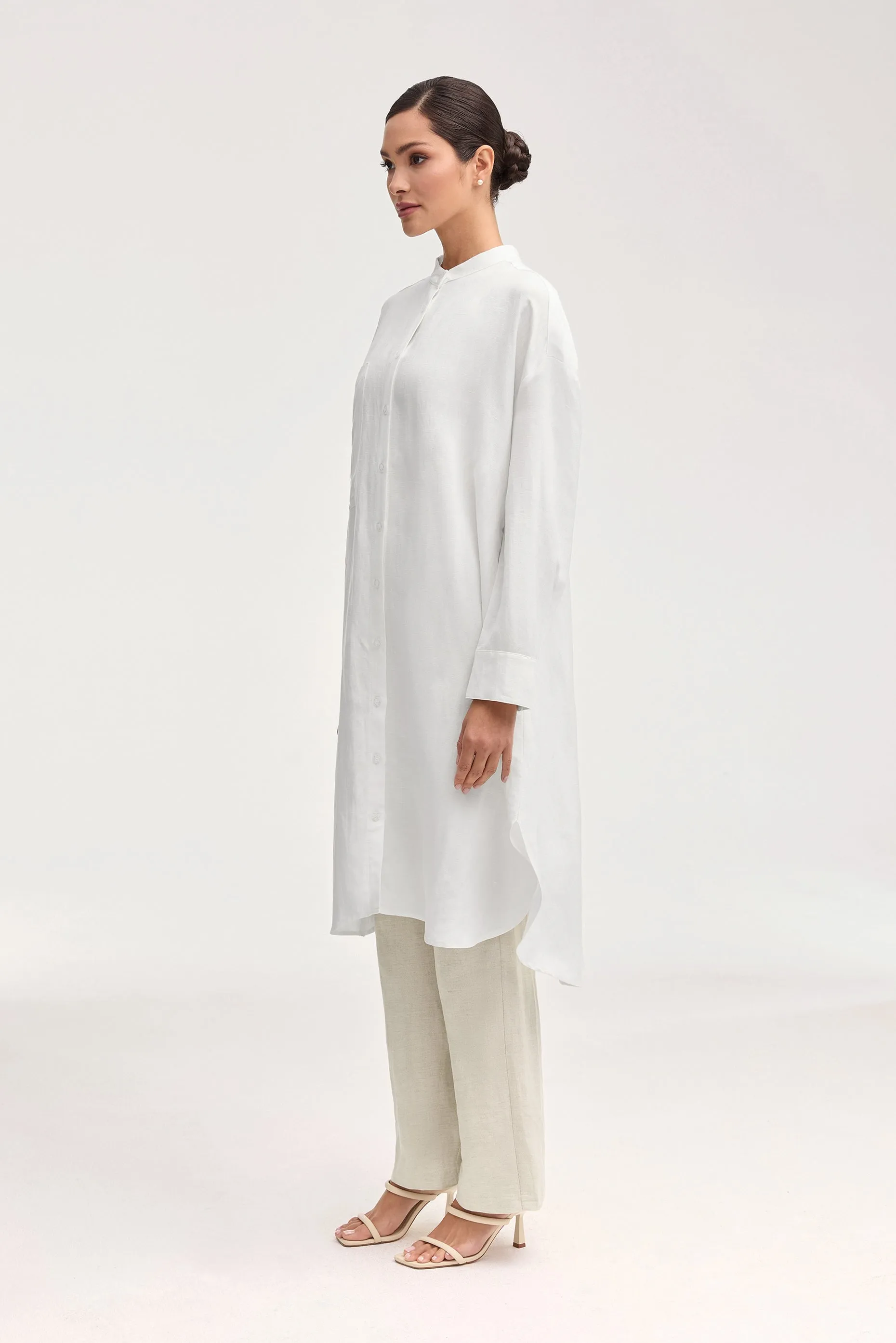 Linen Longline Button Down Cover Up Top - White