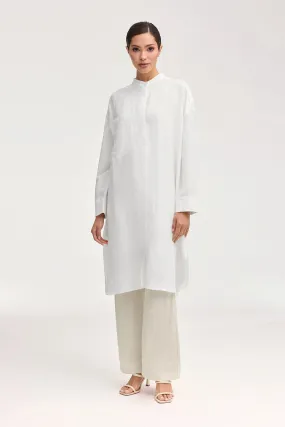 Linen Longline Button Down Cover Up Top - White