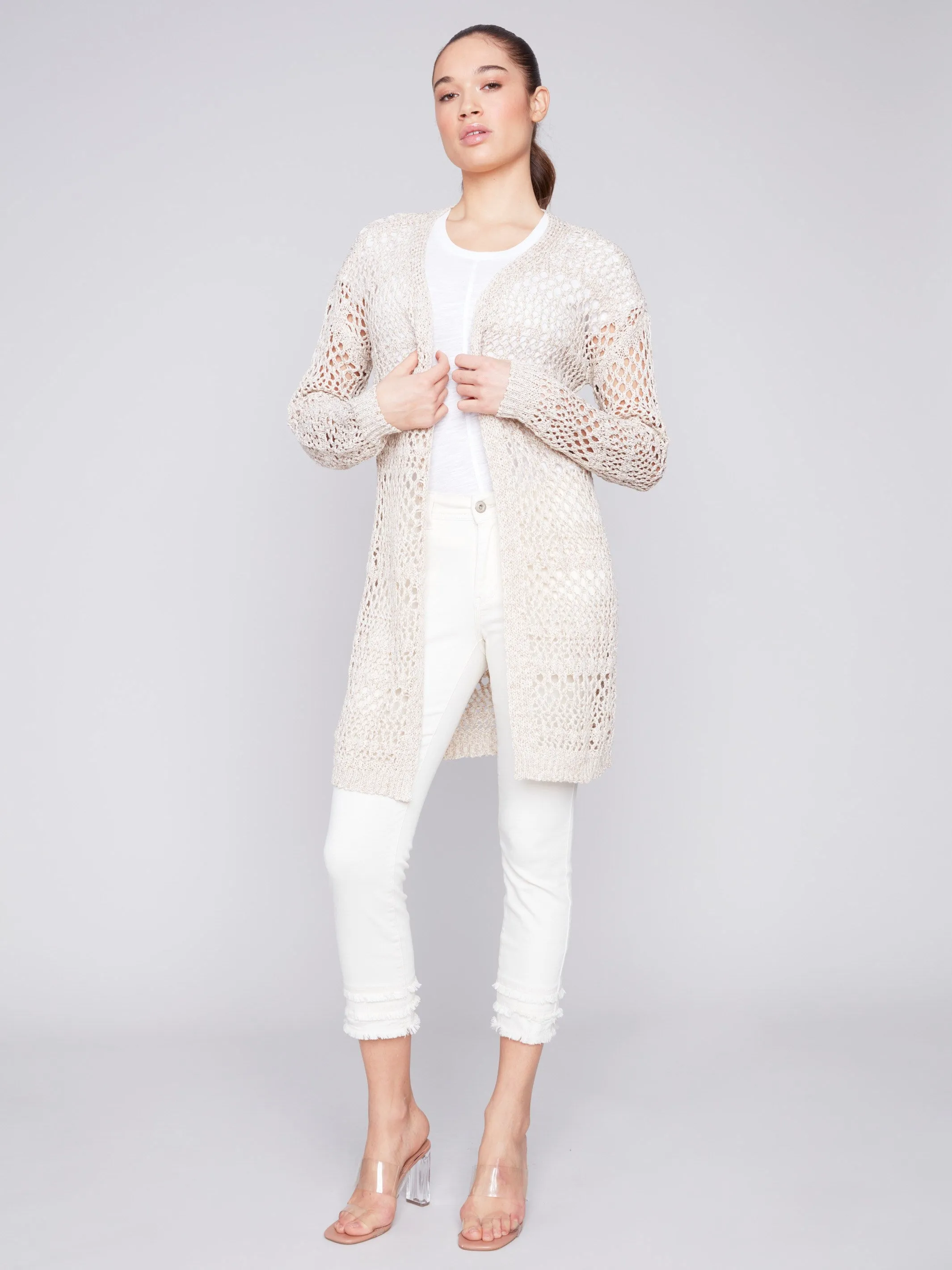 Long Knit Crochet Cardigan - Beige