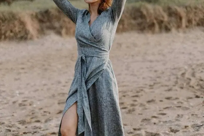 Long Wrap Linen Dress in Grey Melange