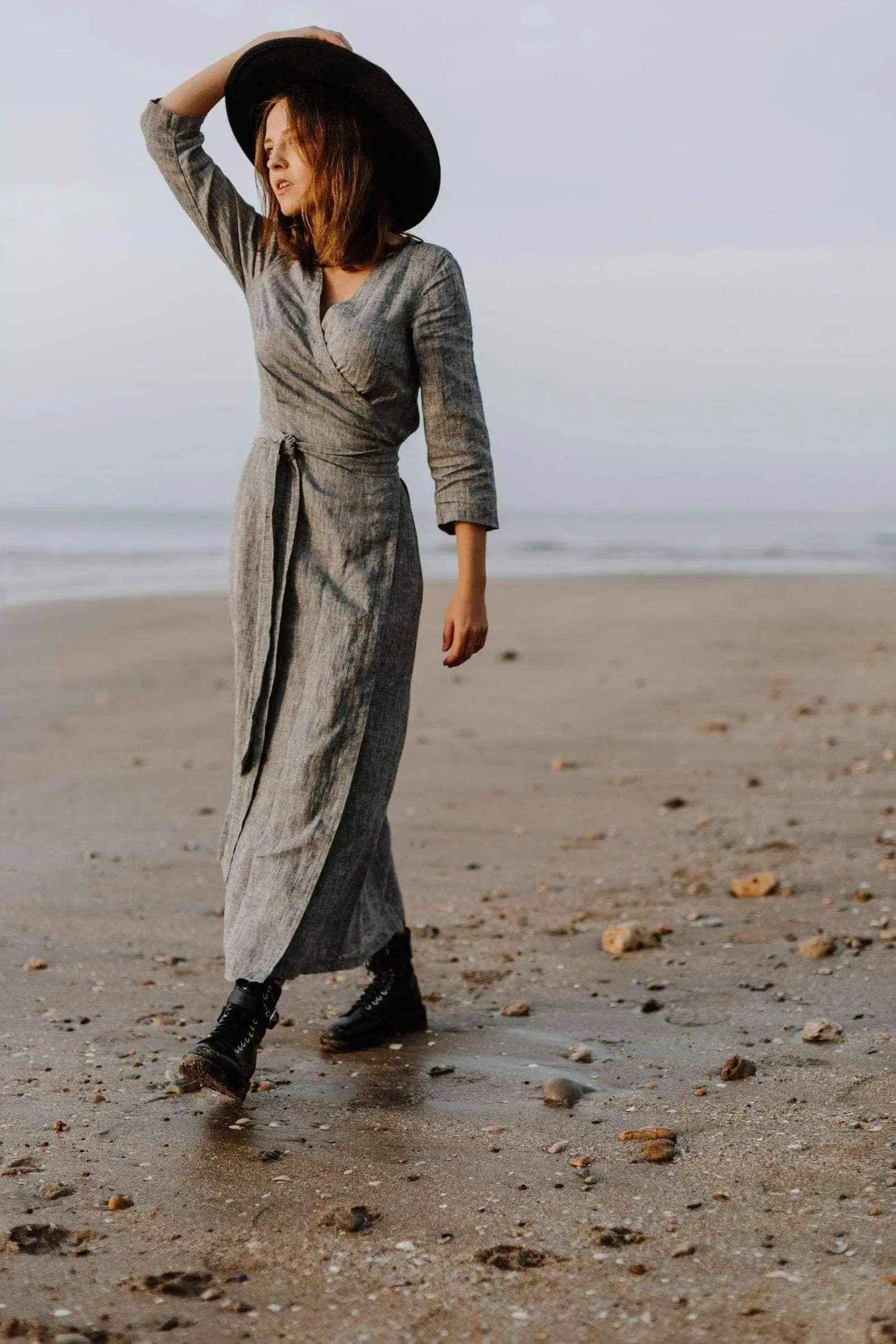 Long Wrap Linen Dress in Grey Melange