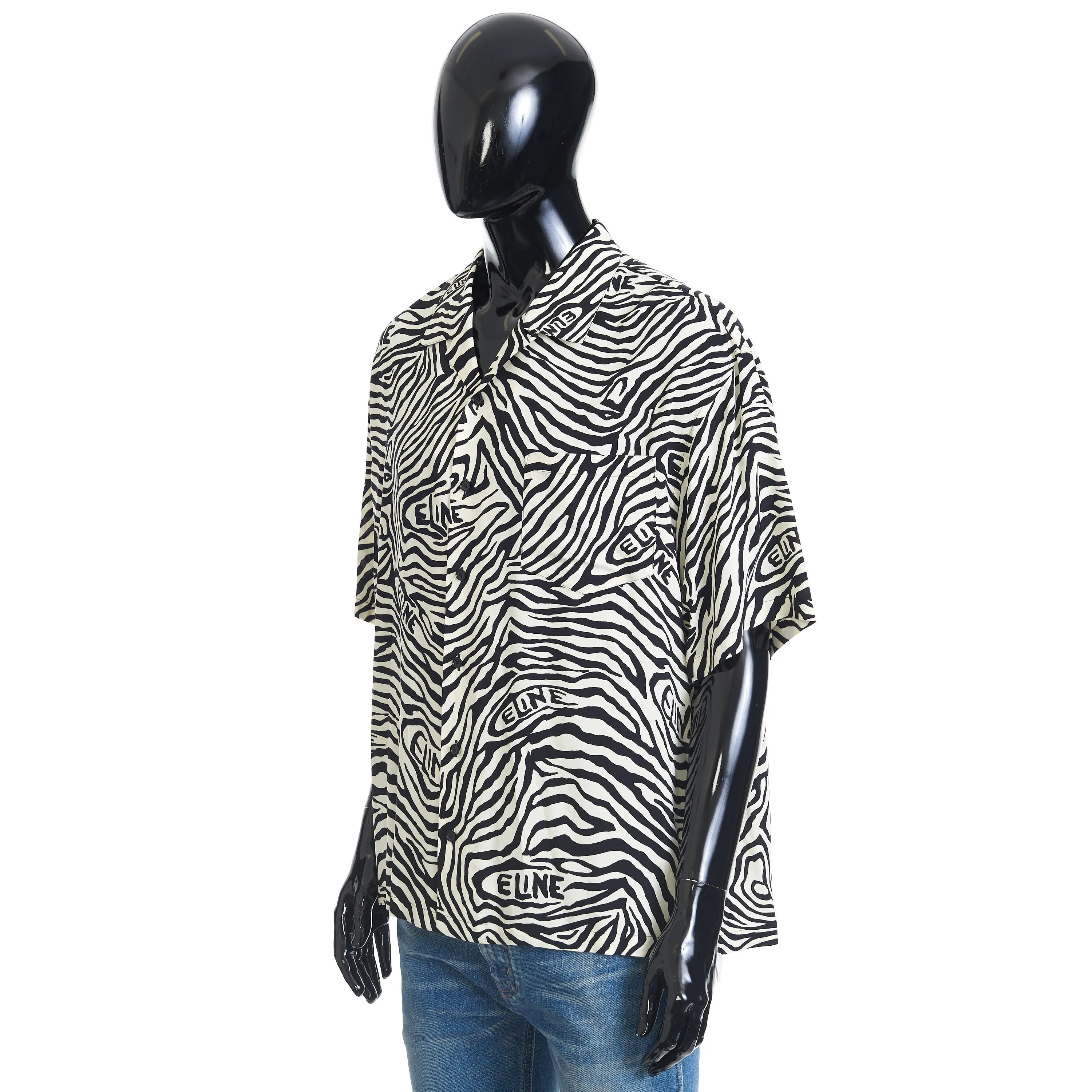 Loose Fit Hawaiian Shirt In Black/White Viscose With Celine Zebra Print