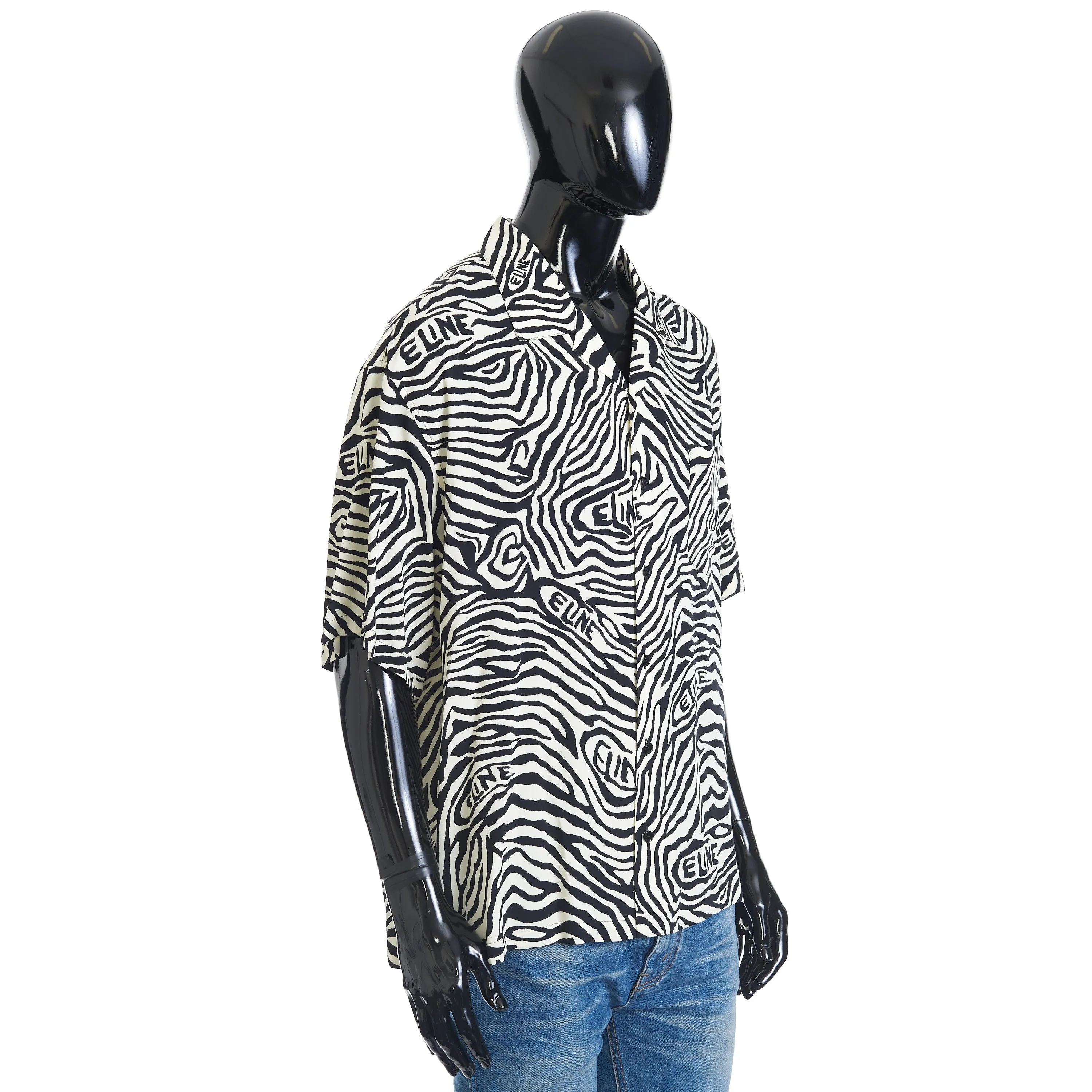 Loose Fit Hawaiian Shirt In Black/White Viscose With Celine Zebra Print