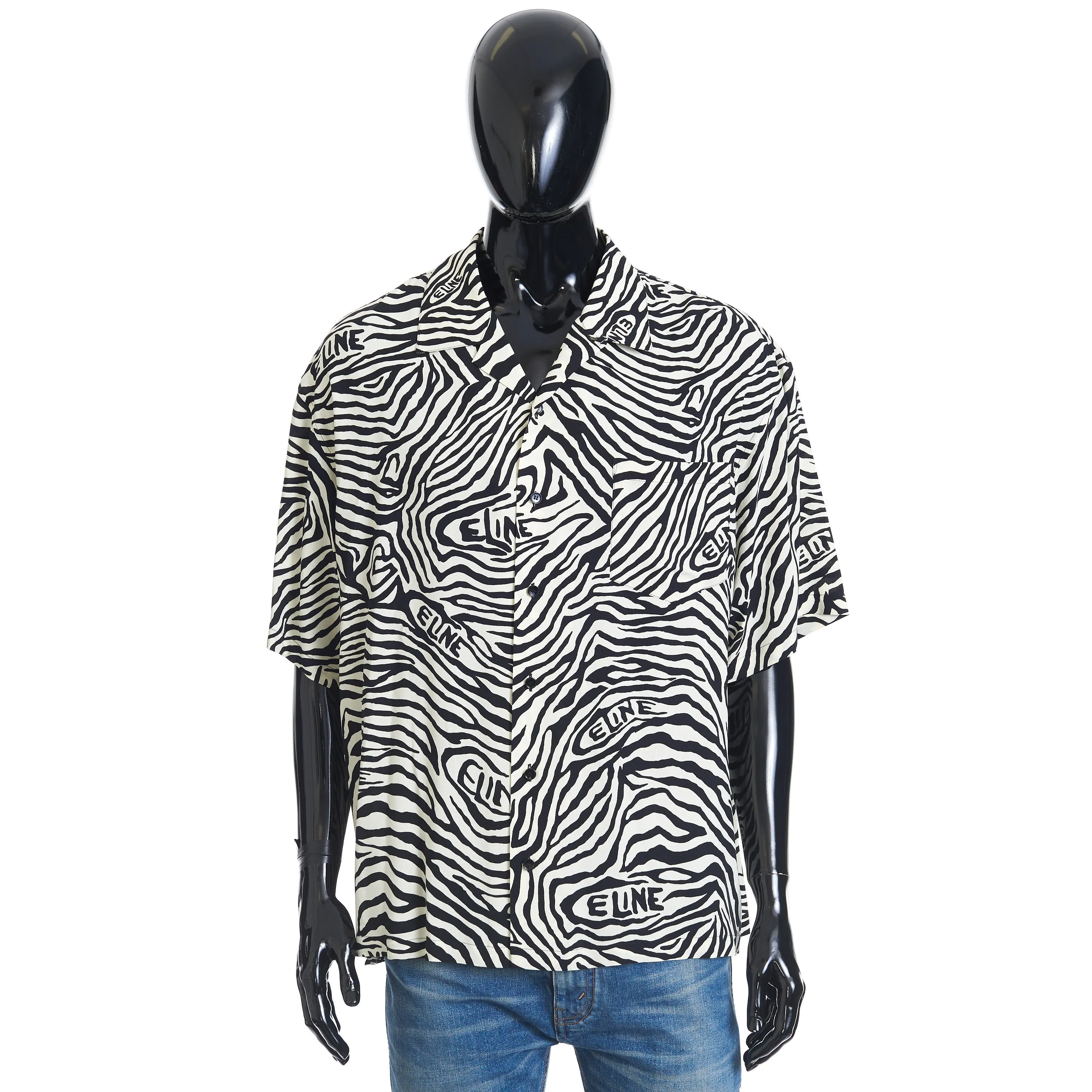 Loose Fit Hawaiian Shirt In Black/White Viscose With Celine Zebra Print