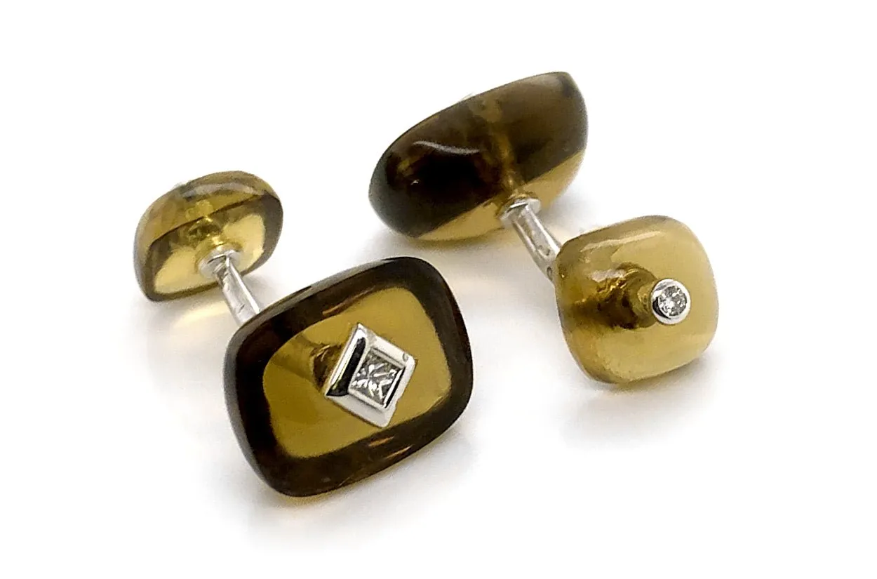 Men's 18kt Gold Rectangular Smoky Topaz & Carre Diamonds Cufflinks