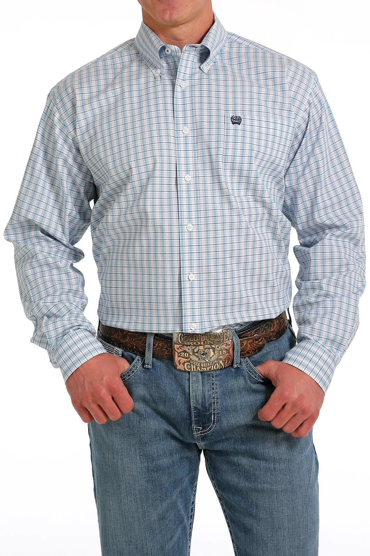 Men's Cinch Stretch Plaid White/Turquoise/Red Button Down Shirt