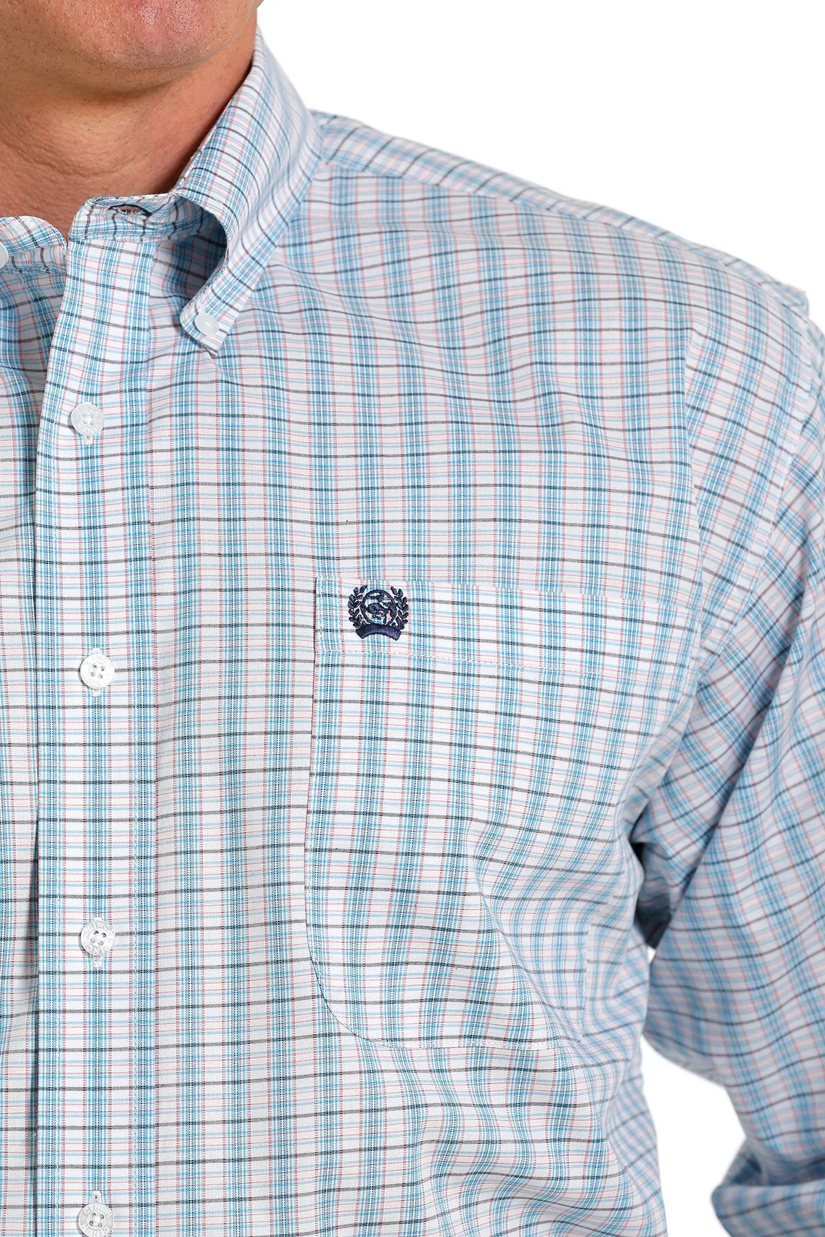 Men's Cinch Stretch Plaid White/Turquoise/Red Button Down Shirt