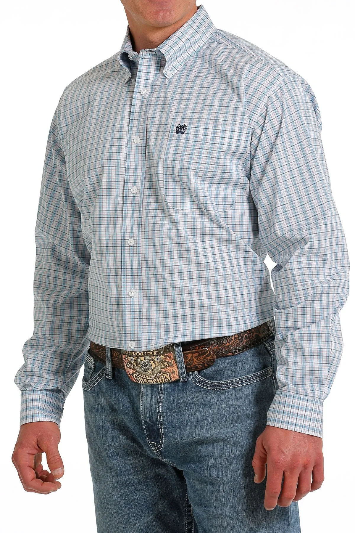 Men's Cinch Stretch Plaid White/Turquoise/Red Button Down Shirt