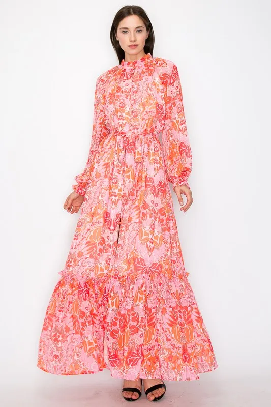 Pink and Orange Floral Maxi Dress