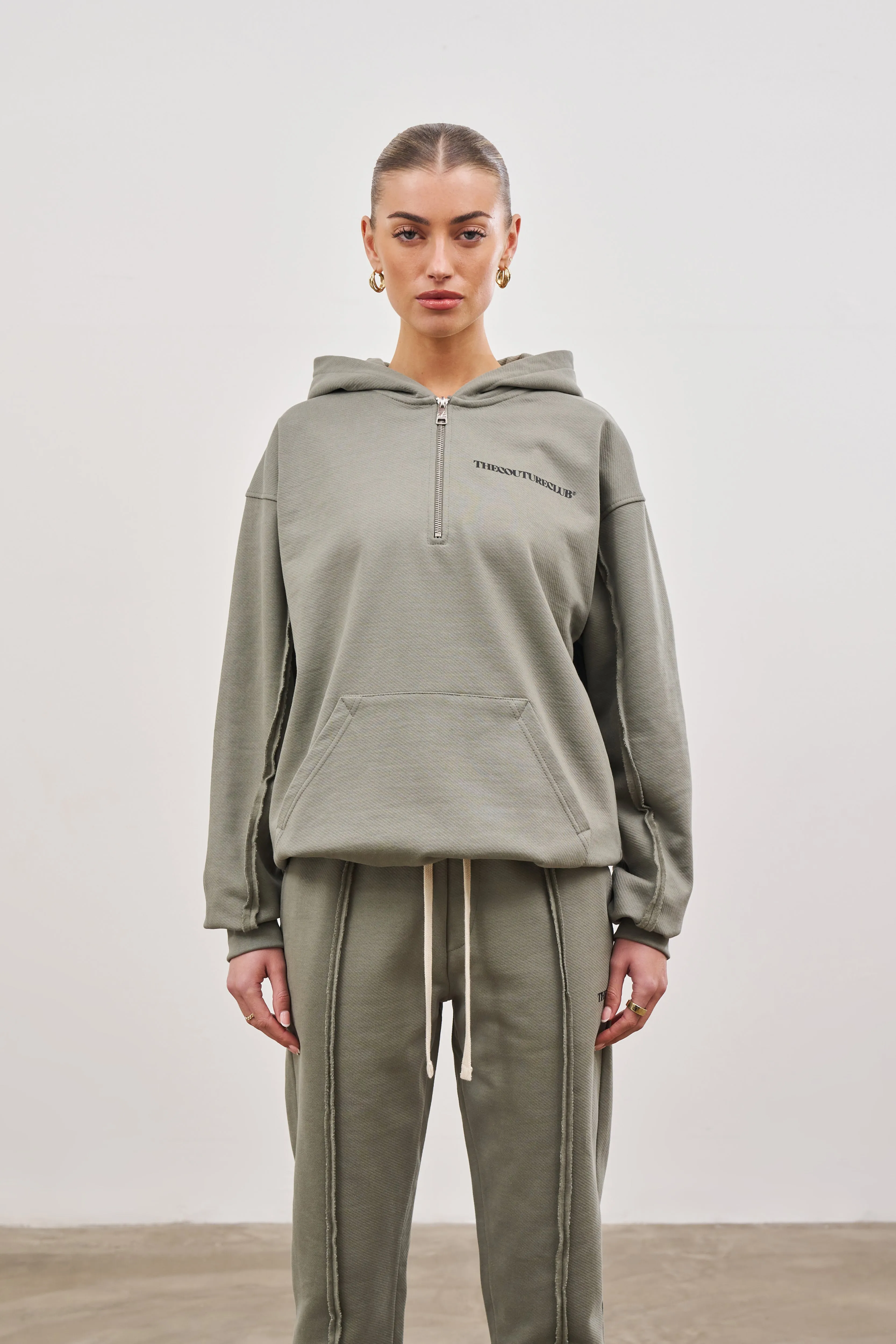 RAW SEAM QUARTER ZIP HOODIE - DARK SAGE