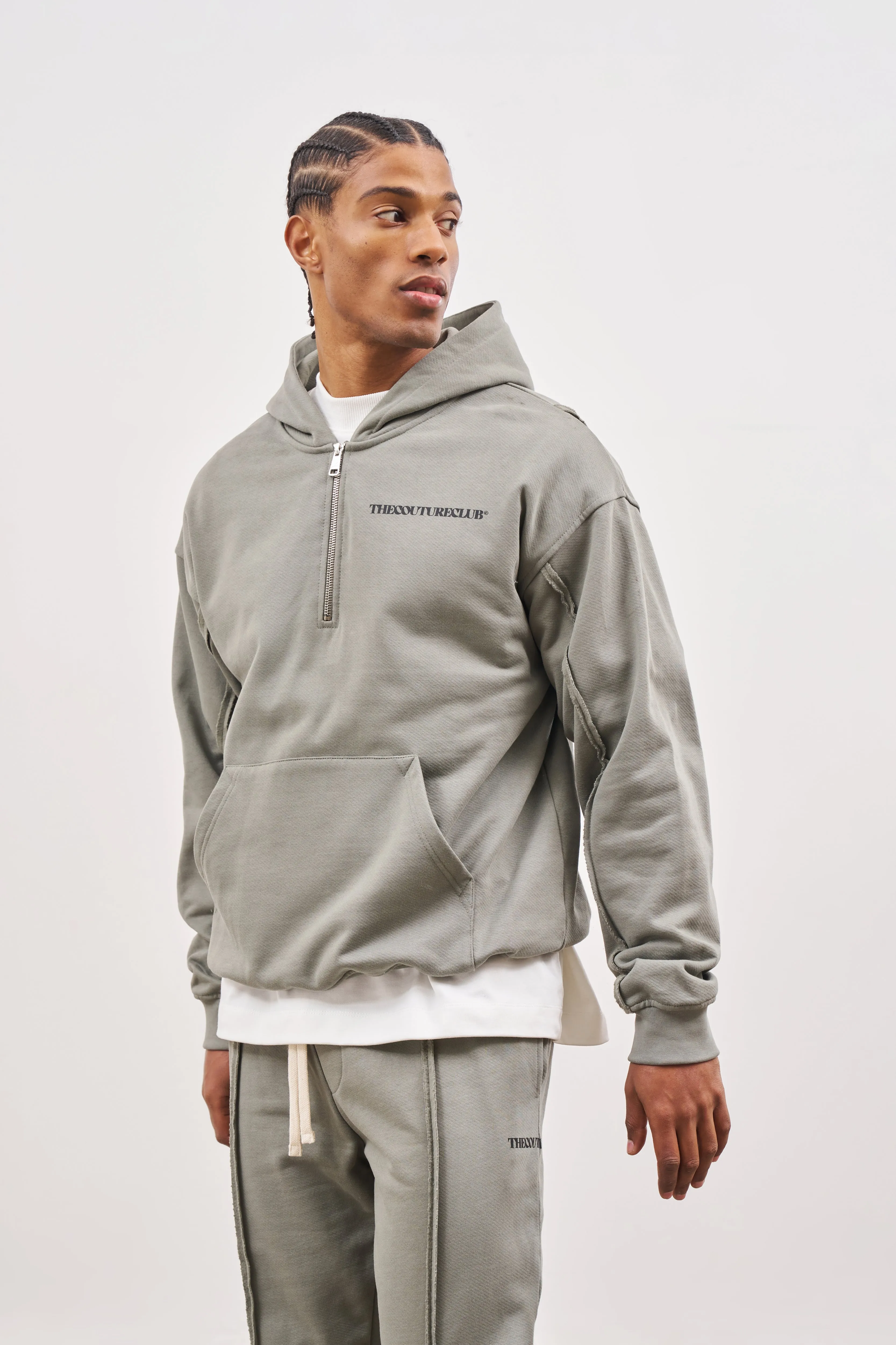 RAW SEAM QUARTER ZIP HOODIE - DARK SAGE