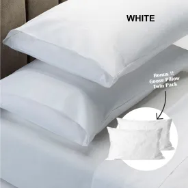 Royal Comfort 4 Piece 1500TC Sheet Set And Goose Feather Down Pillows 2 Pack Set Double White