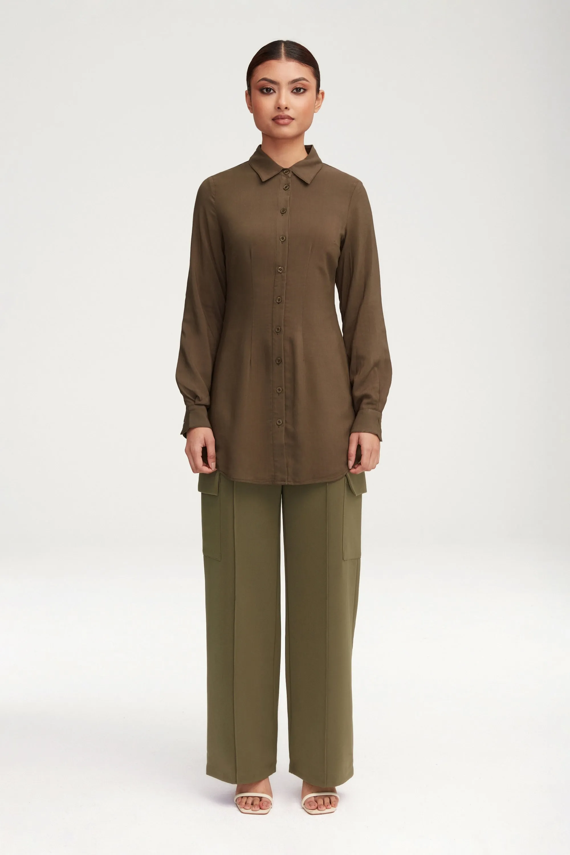 Sarah Fitted Button Down Top - Dark Olive