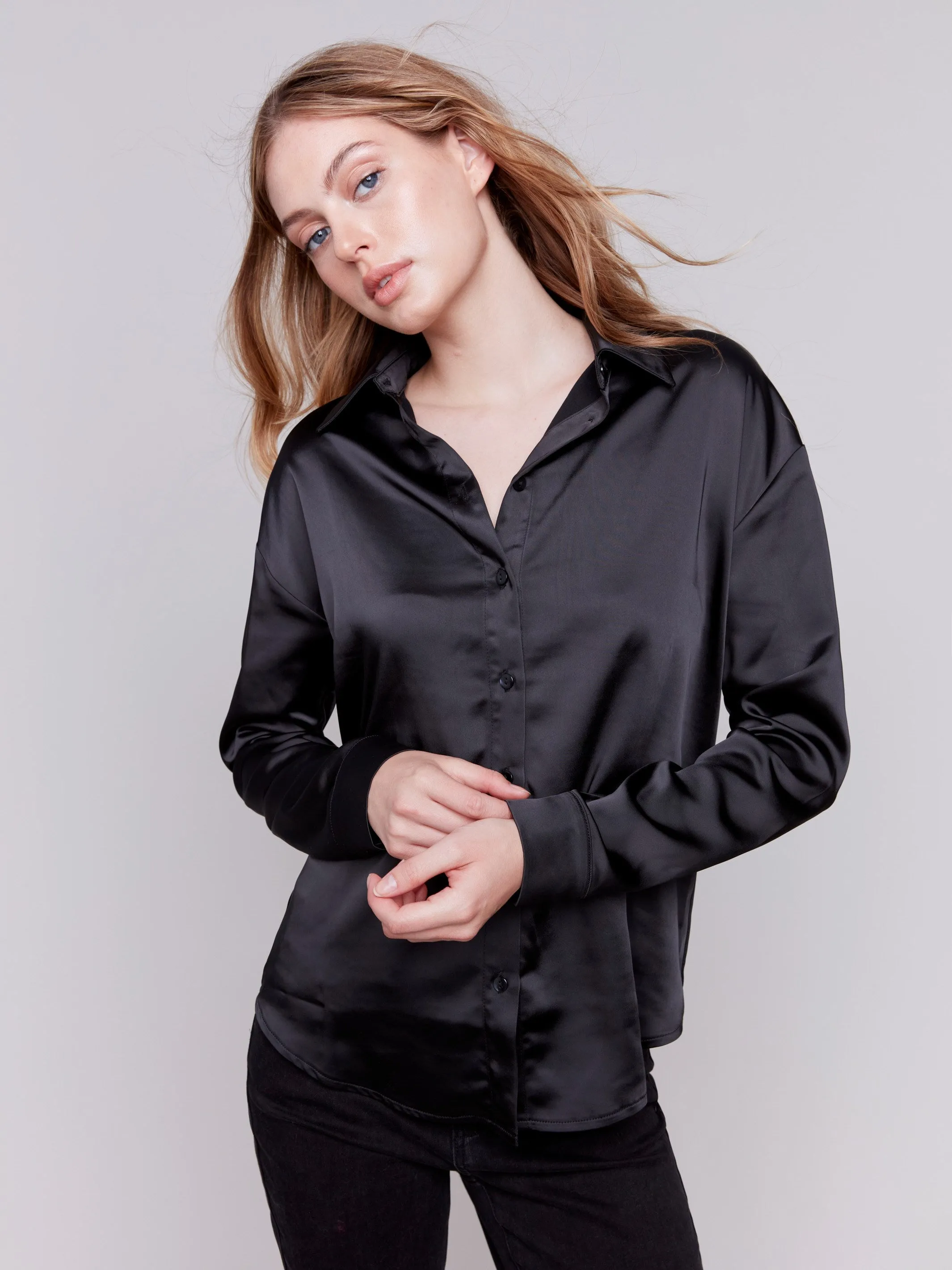 Solid Satin Button-Down Shirt - Black