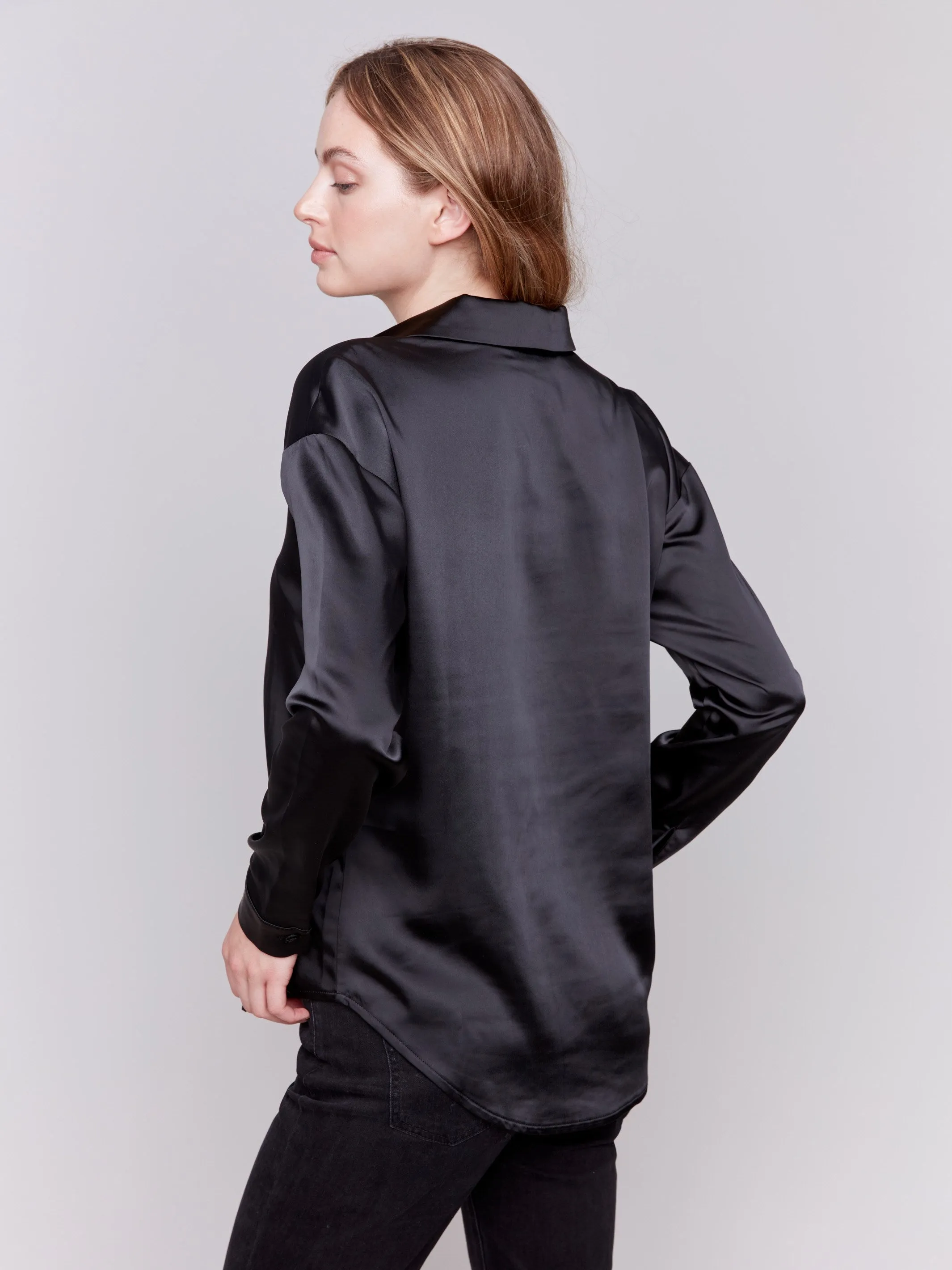 Solid Satin Button-Down Shirt - Black