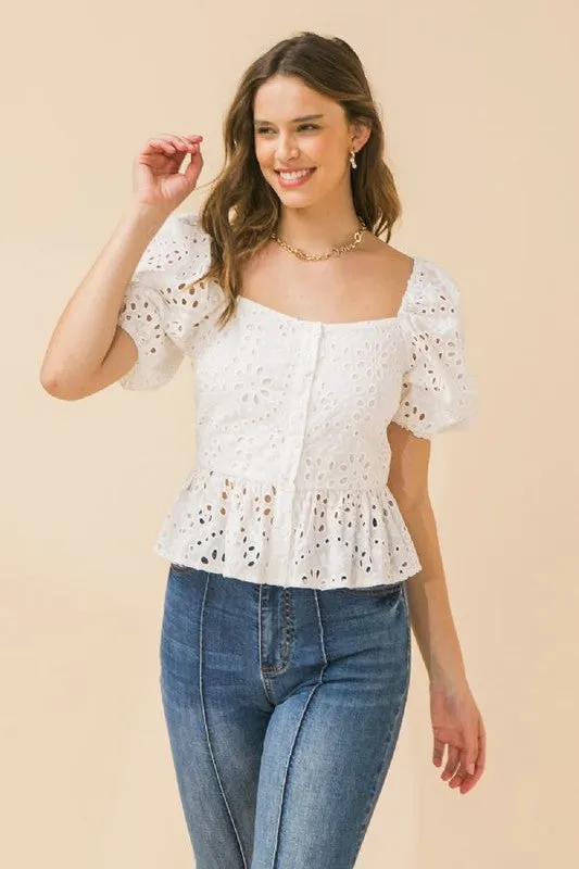 Square Neck Eyelet Top -  Beige | Bella Chic Fashion