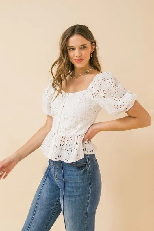 Square Neck Eyelet Top -  Beige | Bella Chic Fashion