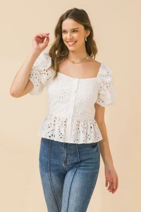 Square Neck Eyelet Top -  Beige | Bella Chic Fashion