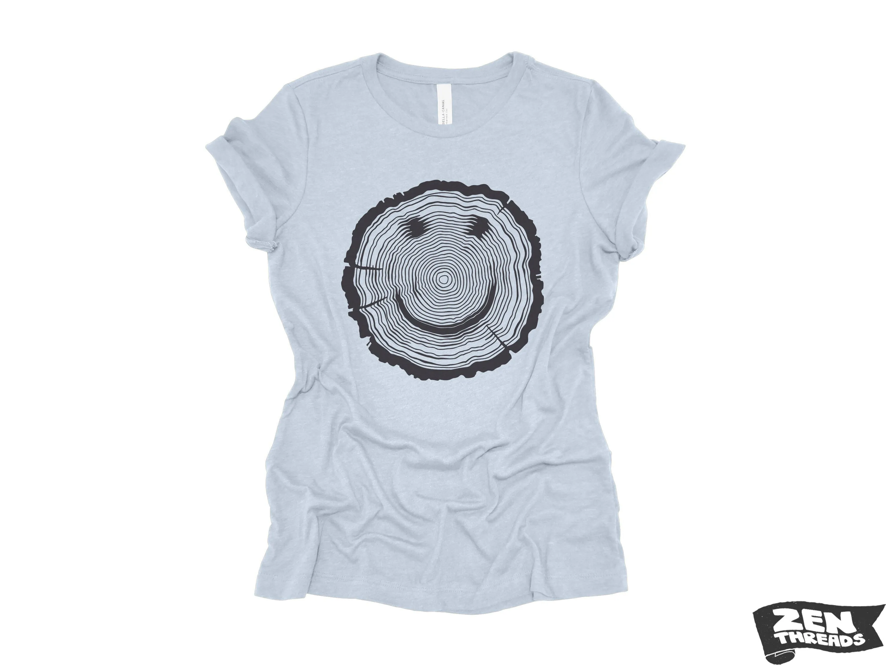 Women's Woodgrain Smiley Face Relaxed Jersey Boyfriend Tee - Nature-Inspired, Eco-Friendly Graphic Print