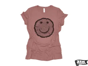 Women's Woodgrain Smiley Face Relaxed Jersey Boyfriend Tee - Nature-Inspired, Eco-Friendly Graphic Print