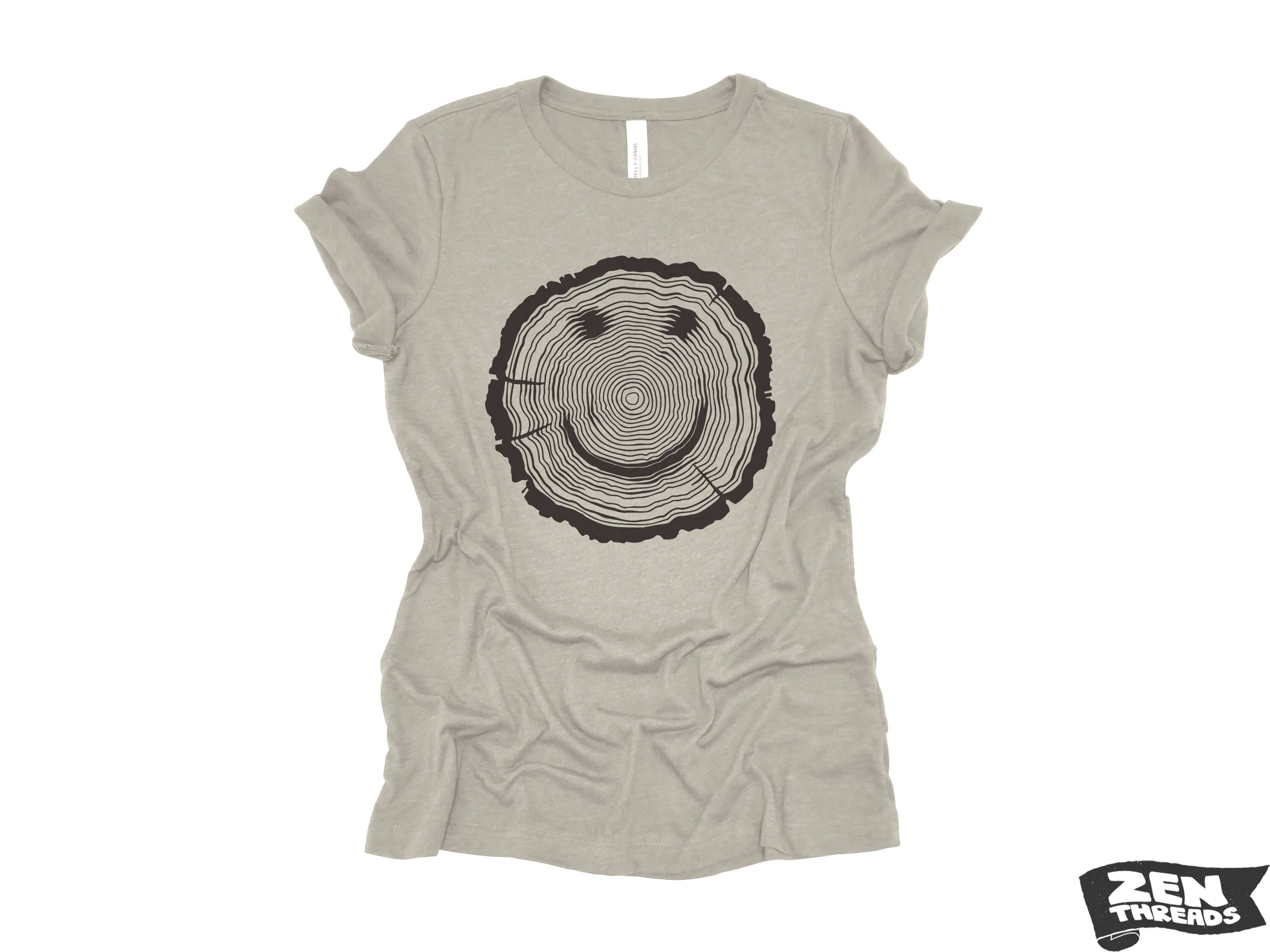 Women's Woodgrain Smiley Face Relaxed Jersey Boyfriend Tee - Nature-Inspired, Eco-Friendly Graphic Print