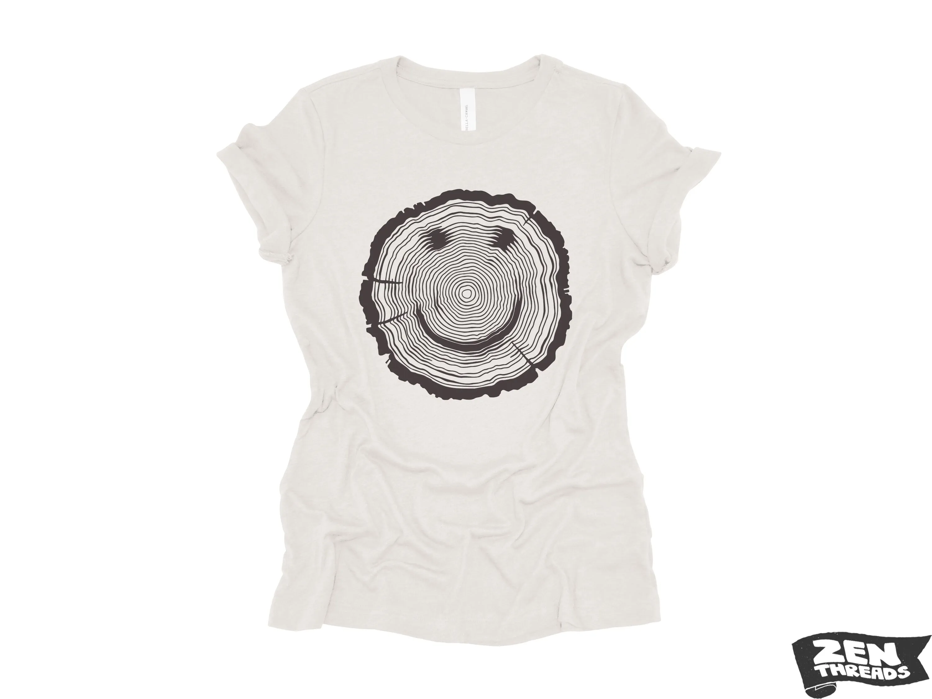 Women's Woodgrain Smiley Face Relaxed Jersey Boyfriend Tee - Nature-Inspired, Eco-Friendly Graphic Print