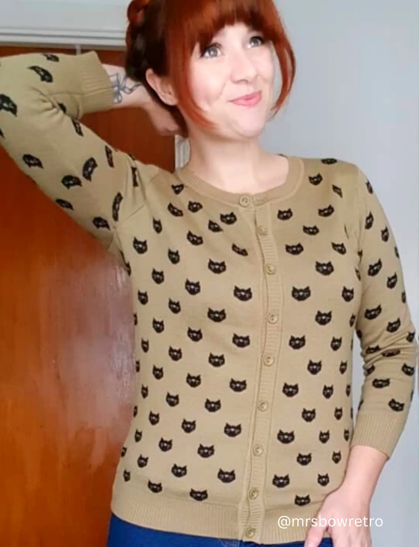 YEMAK Women's Cute Cat Pattern 3/4 Sleeve Button Down Stylish Cardigan Sweater MK3466